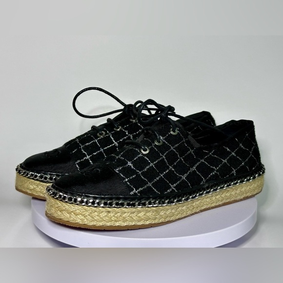 Chanel Black Quilted Lace-Up Espadrille Sneakers Size 38 Designer Luxury - Picture 7 of 13